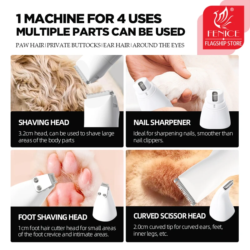 Fenice-cortadora de pelo eléctrica 4 en 1 con 4 cuchillas, cortaúñas para mascotas, amoladora de uñas, máquina cortadora profesional - imagen 2
