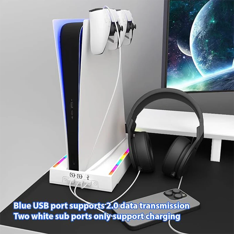 Soporte de pared para PS5 con luz RGB, soporte para PS5 con 3 puertos USB, Kit de montaje en pared para PS5 4 en 1 con 2 mandos - imagen 2