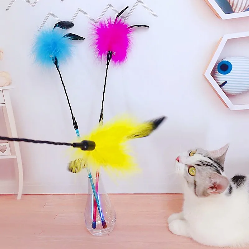Juguete para gatos, juguetes interactivos de plumas con mango largo para gatos, palo de Teaser resistente a mordeduras, juguete de plumas para gatos, palos, suministros para mascotas - imagen 3