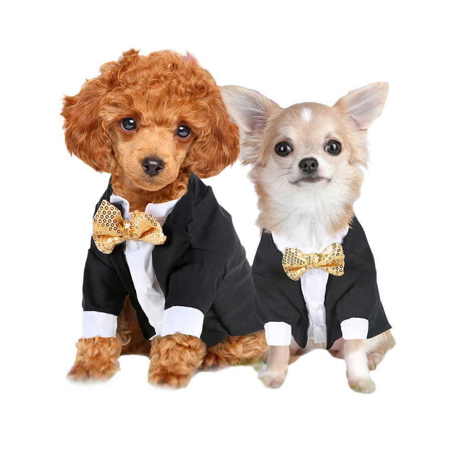 Chaquetas de boda para mascotas, traje para perros con pajarita, ropa Formal para cachorros, camisa de esmoquin, ropa de caballero para perros pequeños y medianos y gatos - imagen 4