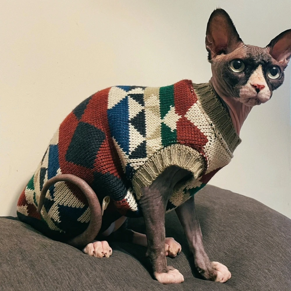 Abrigo de punto de Navidad para gato, ropa de salón para gato Sphynx, chaleco de suéter británico clásico de invierno, suministros para gatos de vacaciones - imagen 2