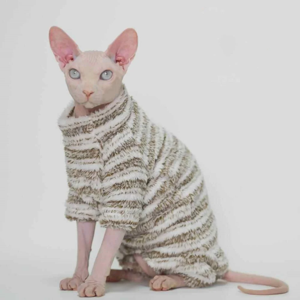 Suéter de invierno de cuello alto para gato esfinge, abrigo verde claro cálido de 4 patas para gatitos Devon Rex, ropa de descanso a rayas gruesas para otoño - imagen 3