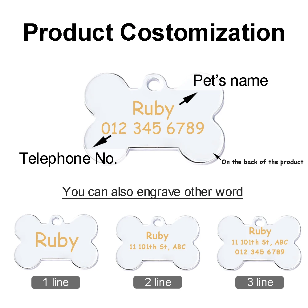 Etiquetas personalizadas grabadas para perro y gato, colgante con nombre de identificación personalizado, accesorios para mascotas, colgante brillante de hueso - imagen 5