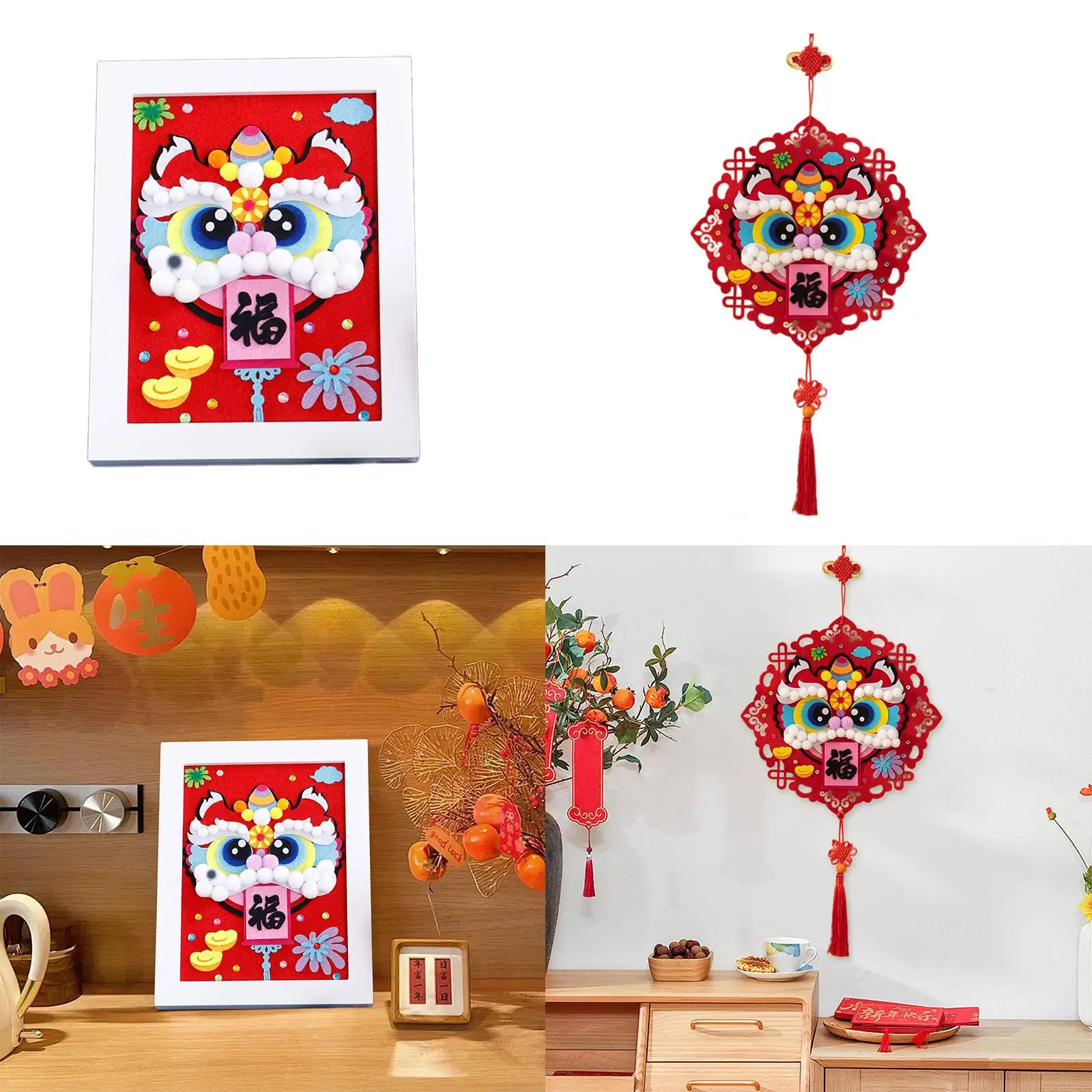 Pegatina de danza del león, Kit de artesanía de costura de animales, juego de bricolaje de tela y madera para decoración del hogar, Festival de Año Nuevo