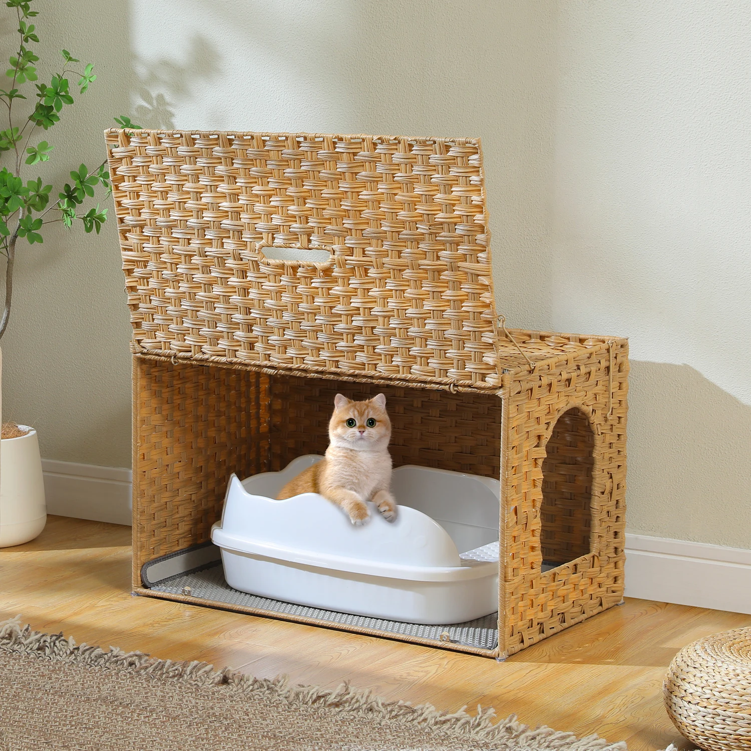 Caja de arena para gatos de ratán, muebles con puerta, caja de arena oculta de ratán tejida a mano, Control de olores para sala de estar, cama para casa de gato - imagen 5
