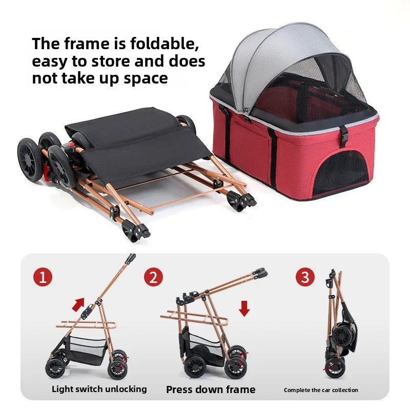 Cochecitos para mascotas, carrito para perros con separación plegable y ligero, bolsa para gatos, cochecitos para perros con empuje manual, productos para mascotas - imagen 3
