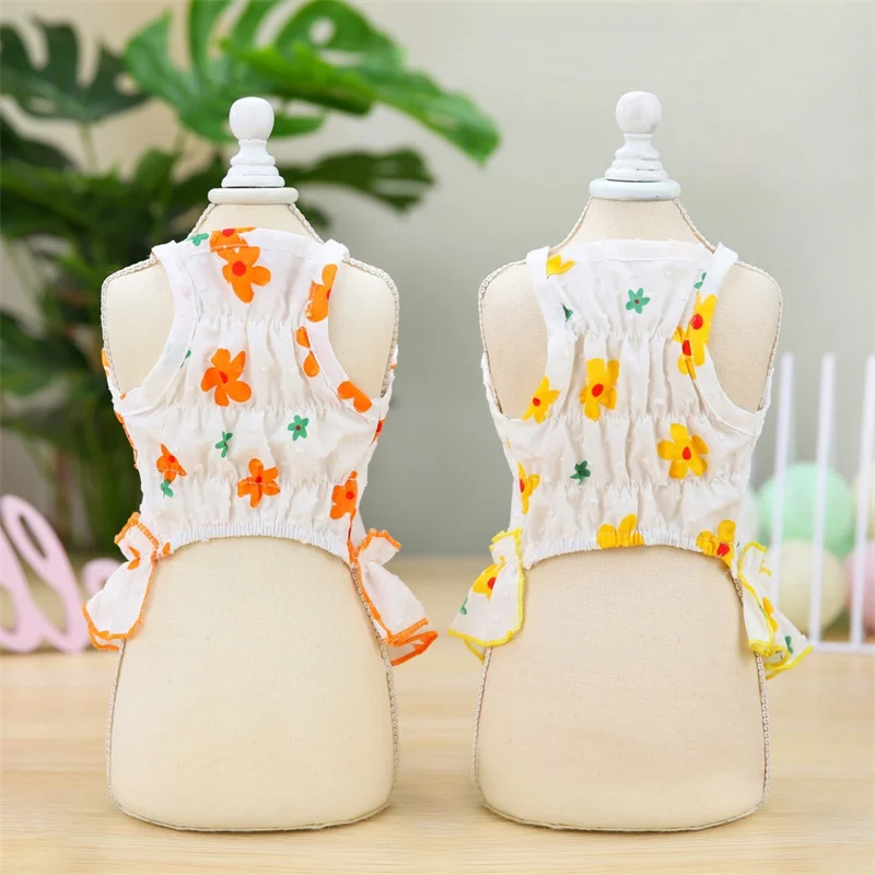 Perro de raza pequeña con vestido de verano posando en interior