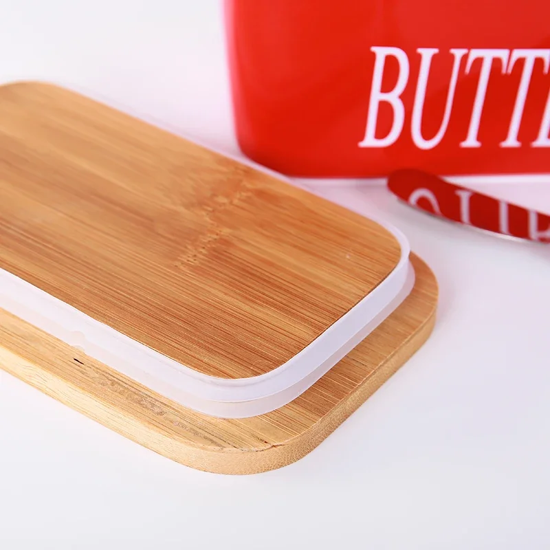 Caja de mantequilla de cerámica con cubierta de madera, con espátula, cuchillo, caja de mantequilla fresca sellada, caja de almacenamiento de cocina sellada Rectangular Multicolor - imagen 3