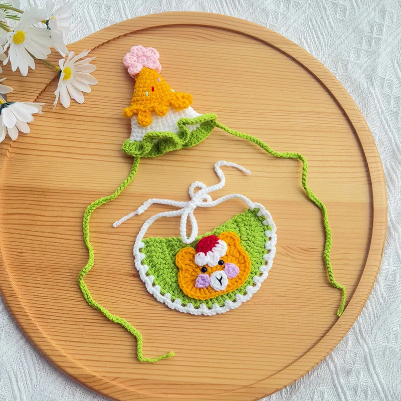 Traje de cumpleaños para mascotas, babero de cumpleaños para gatos tejido a mano, bonito gorro de lana de peluche, decoración para perros, accesorios para cachorros, accesorios para mascotas - imagen 3