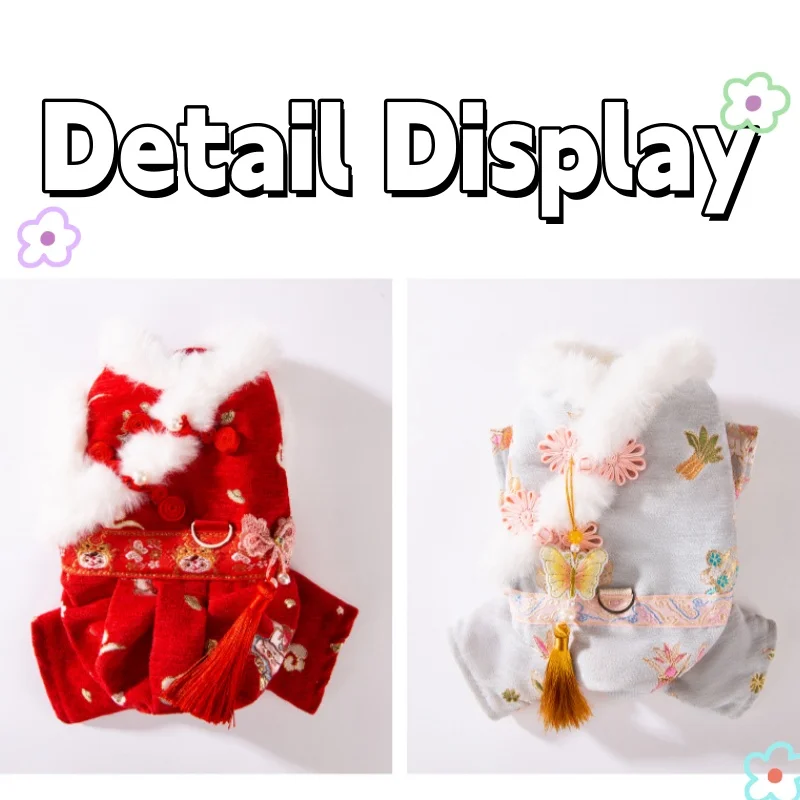 Ropa para perros de estilo chino, mono para perros de Año Nuevo, chaqueta cálida para cachorros, abrigo, peleles de gato con borlas de lujo, monos para mascotas, disfraz para perros - imagen 5