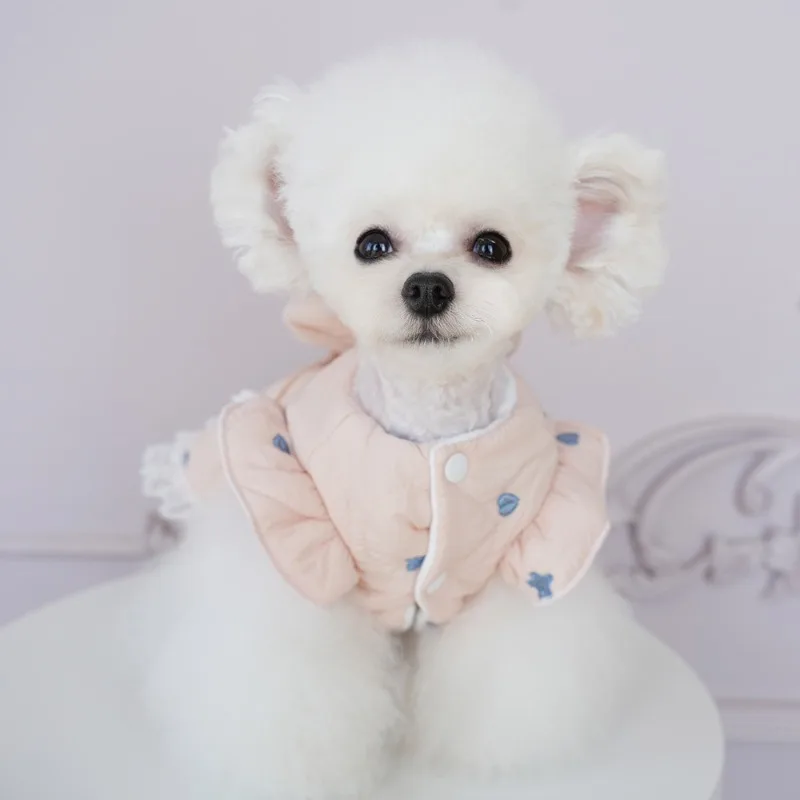 Ropa gruesa de algodón para mascotas, vestido de princesa bordado para perros y gatos con lazos para perros pequeños, Bichon, Teddy Schnauzer, invierno - imagen 4