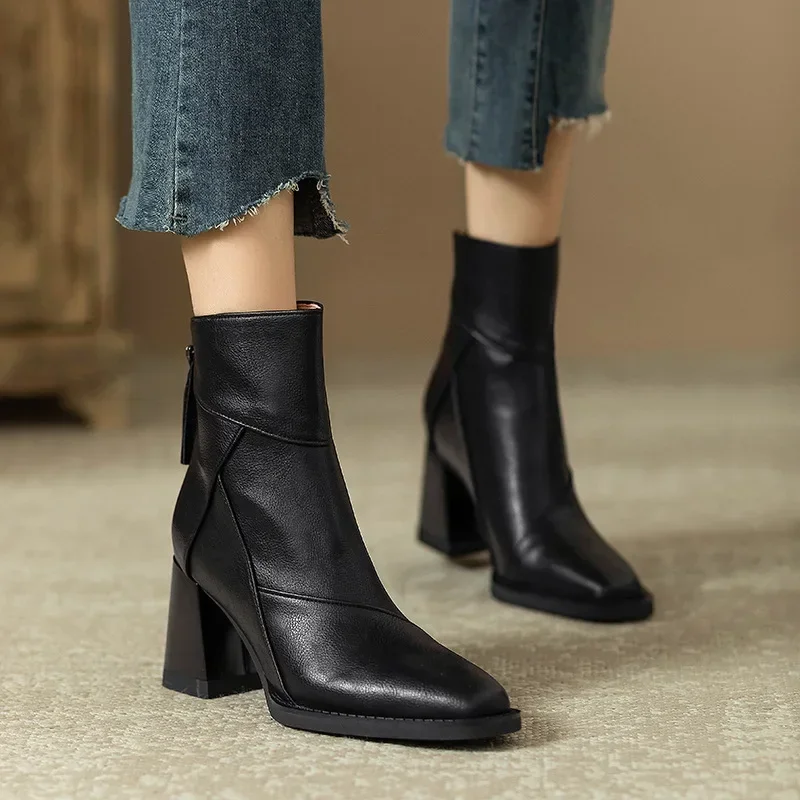 Botines gruesos para mujer, botas cortas de cuero suave marrón Retro con cremallera, botines informales de tacón alto con punta cuadrada para otoño - imagen 3