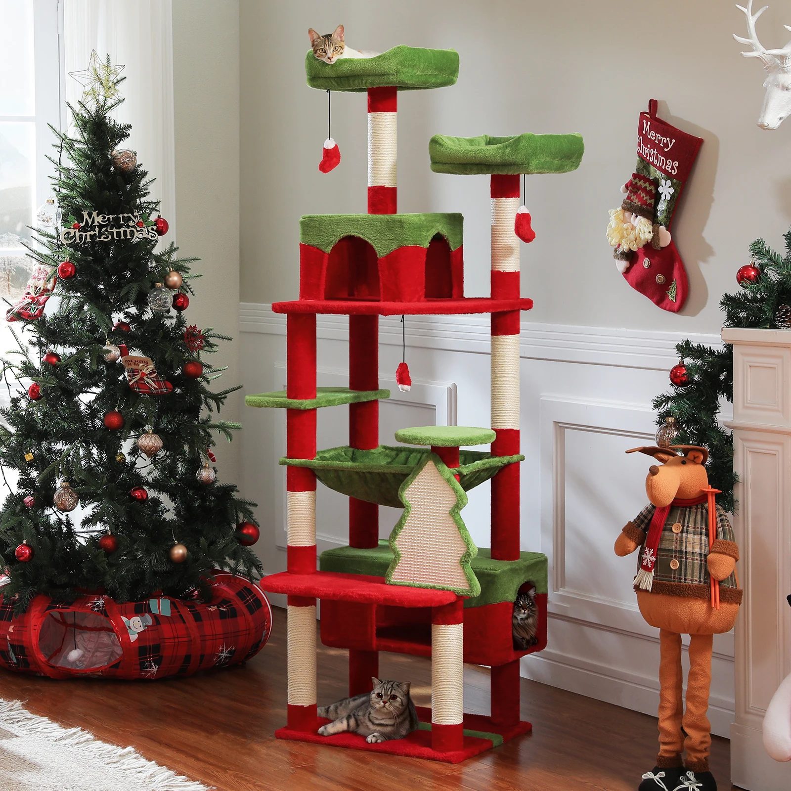 Torre de árbol de Navidad para gatos de 184cm con 2 perchas acolchadas, poste para rascar cubierto de Sal, casa doble y cesta para gatos grandes de interior