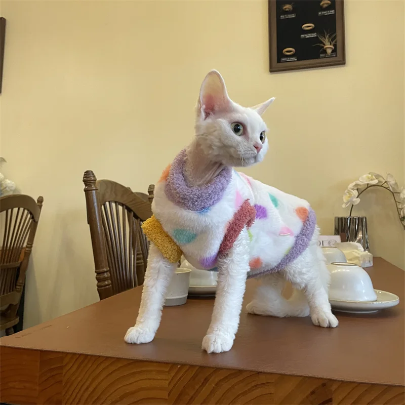 Chaleco grueso con lunares para Devon Rex en invierno, sudadera de lana cálida y cómoda para gato esfinge, disfraces de fiesta dulces para mascotas