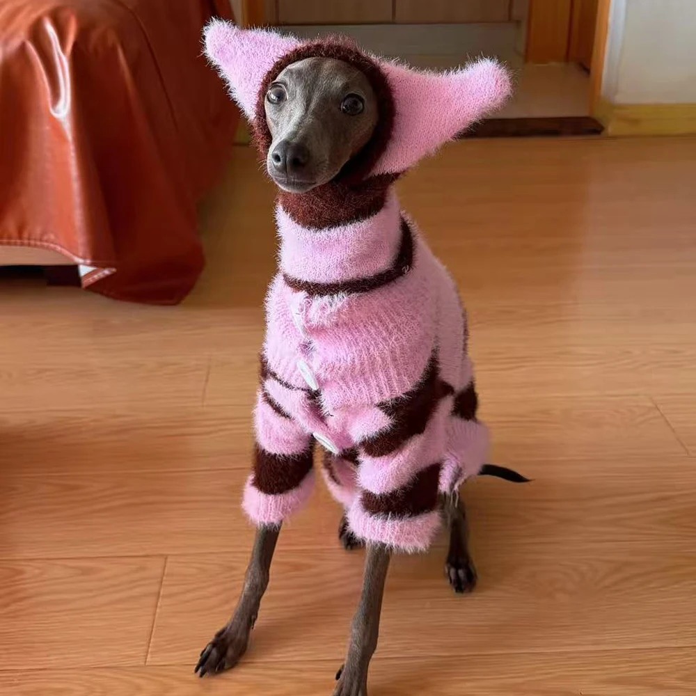 Sueter calido cafe-rosa para perros pequenos y medianos (Whippet)
