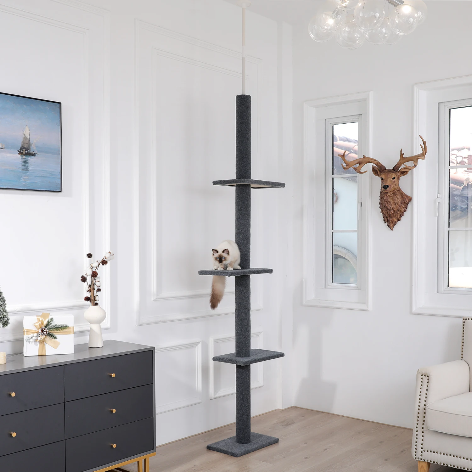 Torre de árbol de escalada para gatos de 5 niveles, estantes de poste de rascado para gatos, plataforma multicapa, súper grande con bola colgante - imagen 2