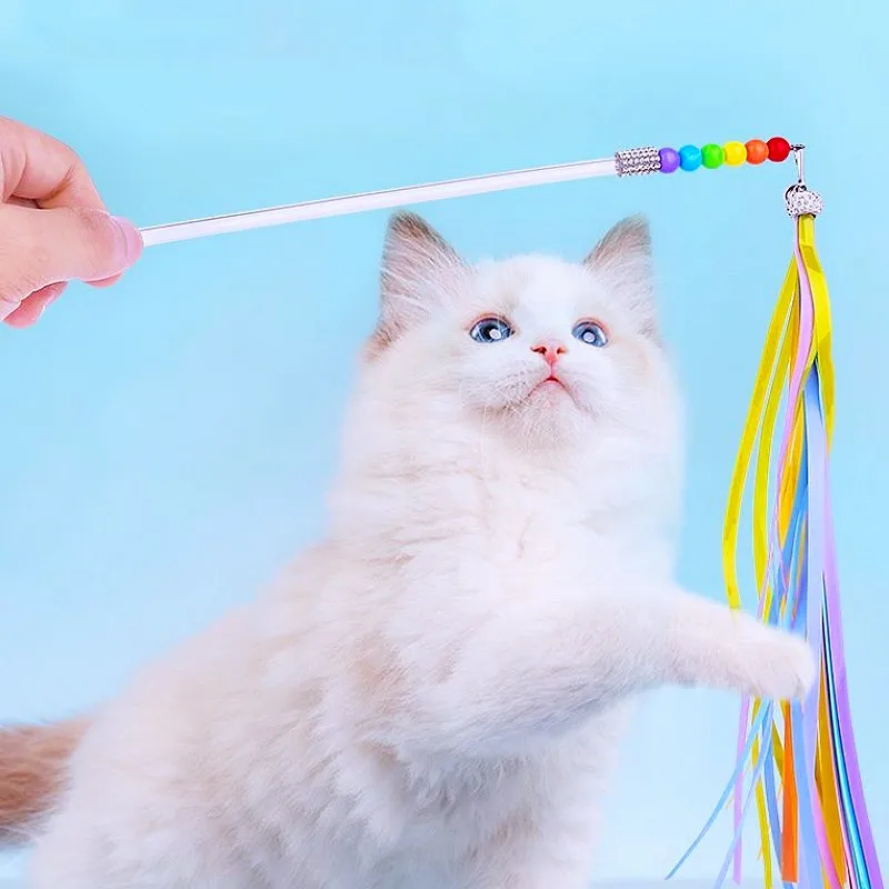 Cat Toy Rainbow Tassel Cats Teaser Stick Cat Toys Interactive Long Handle Kitten Toys Bite-resistant Teaser Cats Toy with Bell - imagen 3