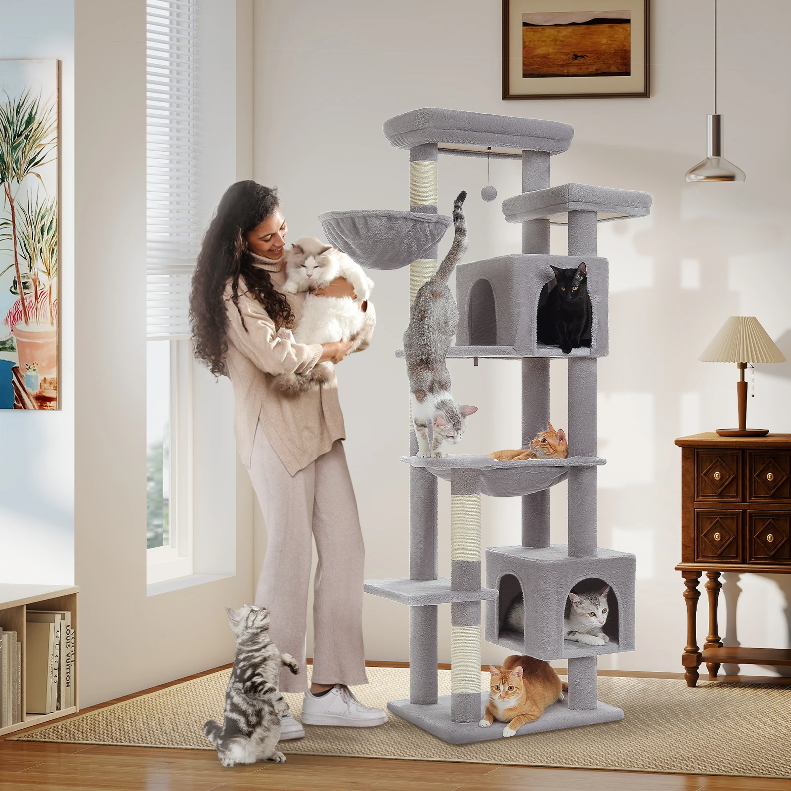 Stable Cat Tree with Natural Sisal Scratching Posts, Soft Hammock & Condo,Spacious Top Perch & Dangling Ball, Cat Tower,Cat Toys - imagen 2