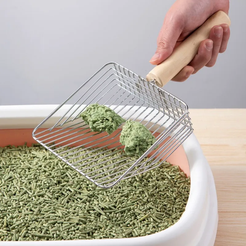 Pala de arena para gatos, pala de arena de Metal para limpieza de inodoro de gatos, palas de arena con mango de madera para gatos, palas de arena para gatos de acero inoxidable