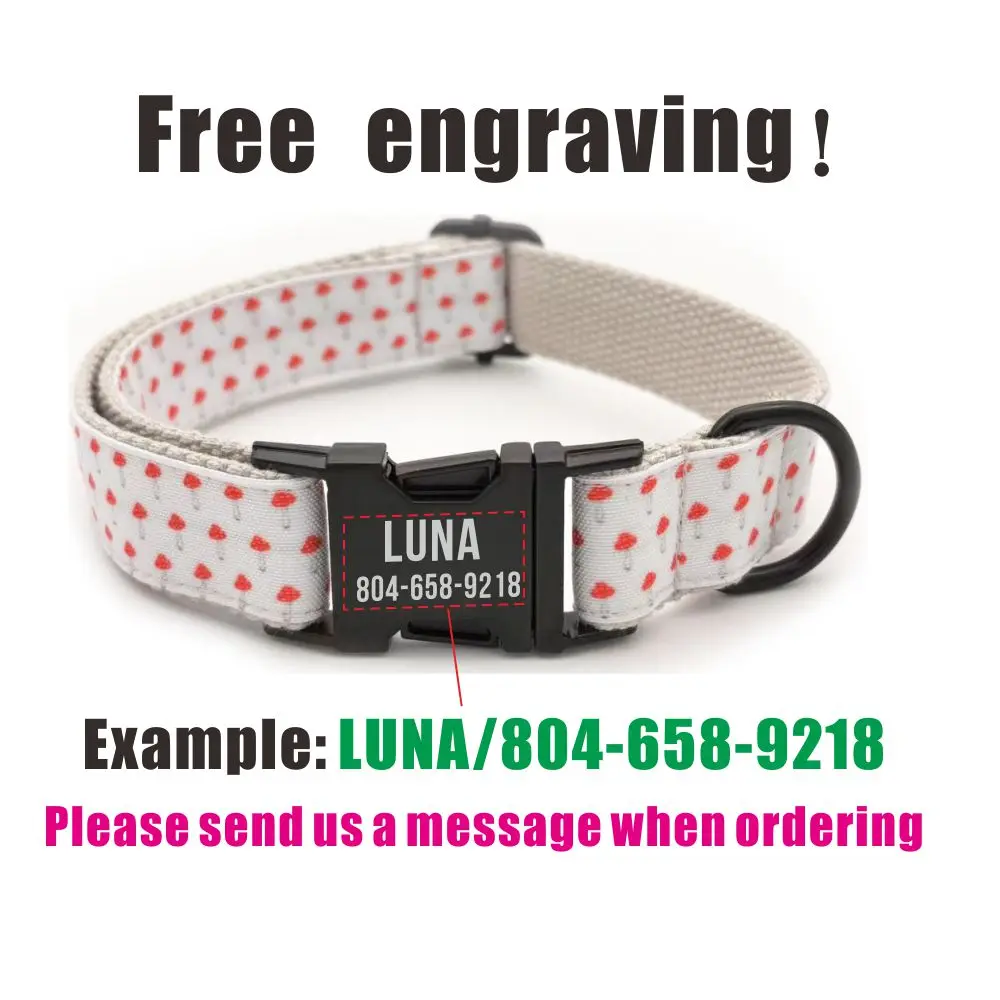 Collar de perro personalizado con grabado gratuito, correa para mascotas a juego, hebilla de Metal de contactos personalizados, Collar para mascotas con forma de seta roja - imagen 4