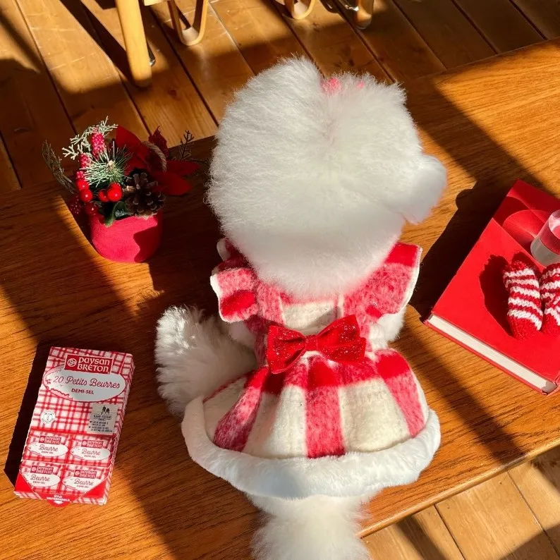 Otoño Invierno Navidad Año nuevo ropa para mascotas suave cálido lana rojo a cuadros capa vestido para perros pequeños cachorro fiesta de vacaciones - imagen 3