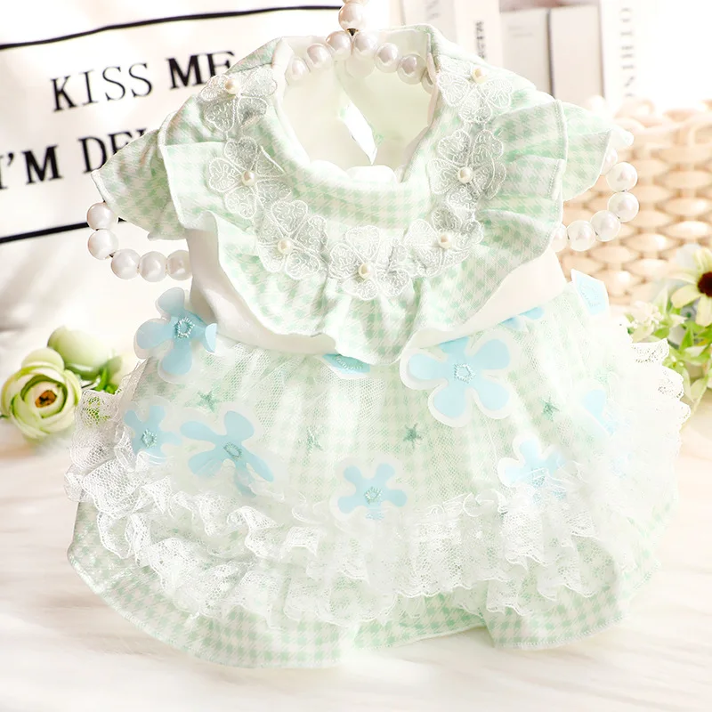 Vestido a cuadros de flores de encaje para mascotas, vestido fino de princesa para gatos, tracción de sirvienta, Top de peluche para perros pequeños, vestidos para cachorros pequeños - imagen 2