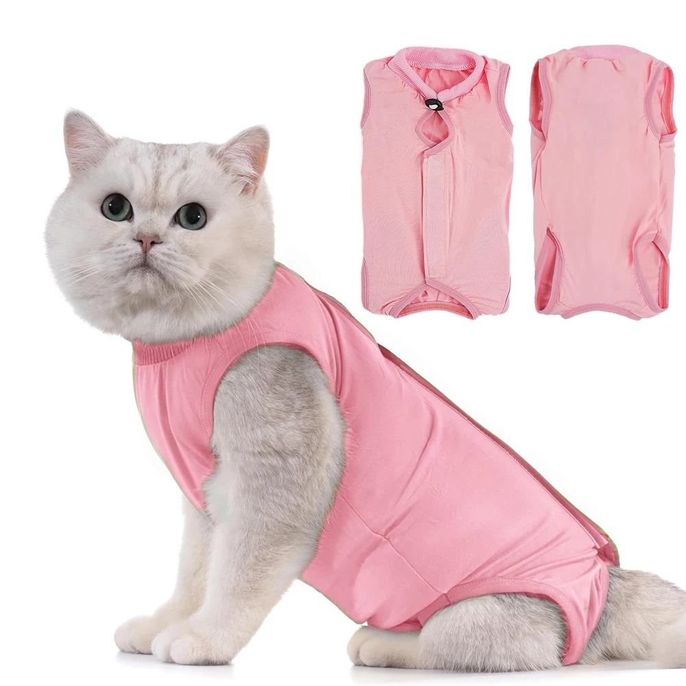 Traje de recuperación de gato para heridas abdominales o enfermedades de la piel, mono de gato sólido acogedor de algodón para después de la cirugía, ropa femenina para gatitos