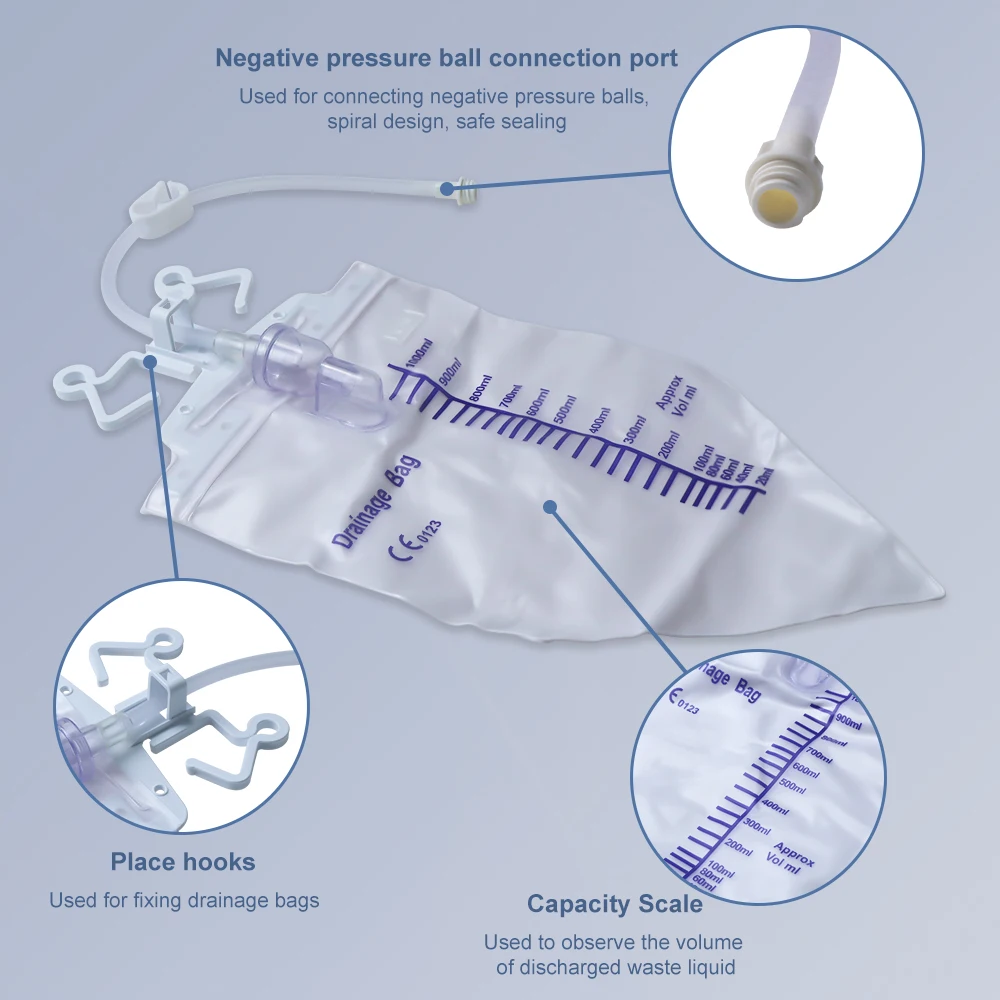 Depósito de succión de silicona debajo del drenaje con bolsa de drenaje de 1000ml, equipo veterinario desechable estéril, drenaje de heridas para mascotas - imagen 5