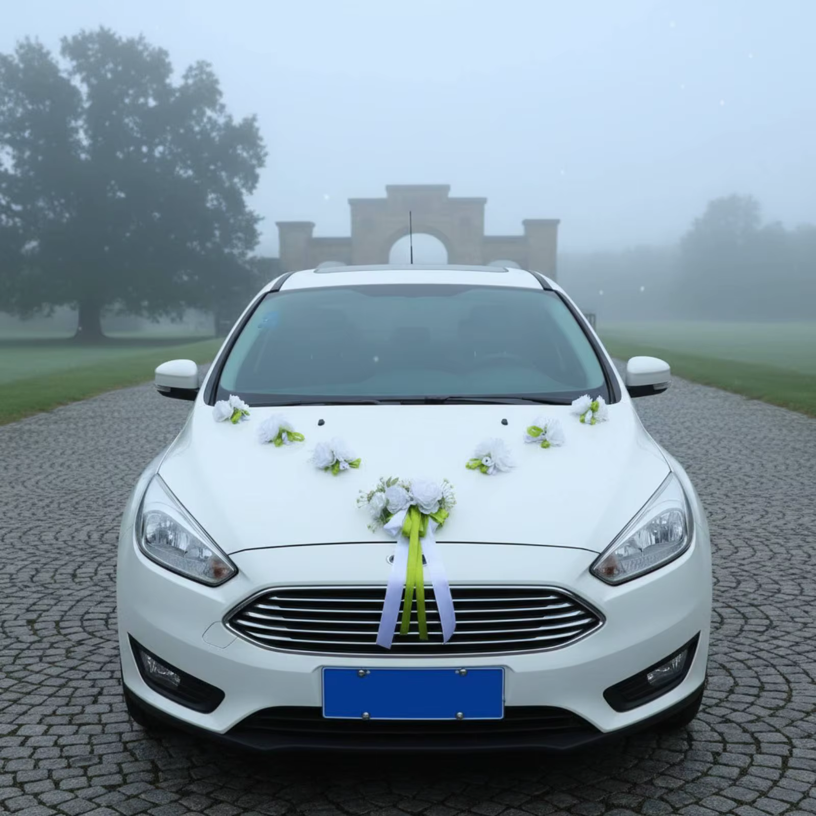 Set decoración coche boda – Flores para capó reutilizables sin dañar