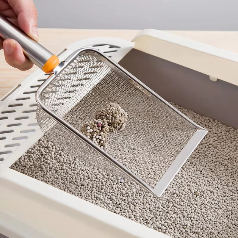 Cuchara de arena para gatos de acero inoxidable, limpiador de arena para gatitos de malla fina, pala antiadherente duradera con orificio para colgar, Herramientas de limpieza para mascotas - imagen 2