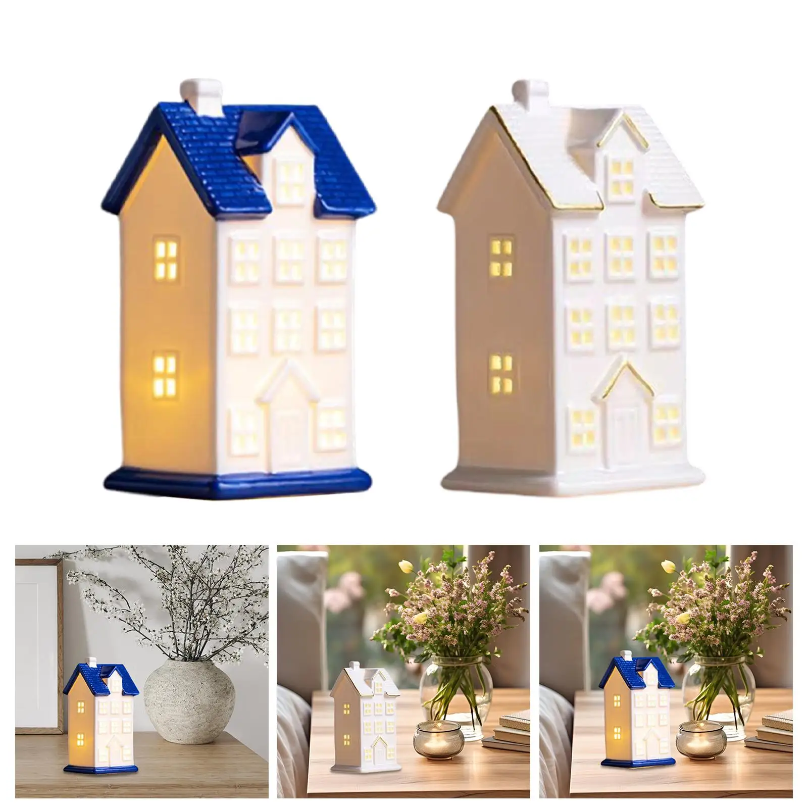 Estatuilla de casa iluminada, figuras de edificios de pueblo navideño, escena de escritorio - imagen 3