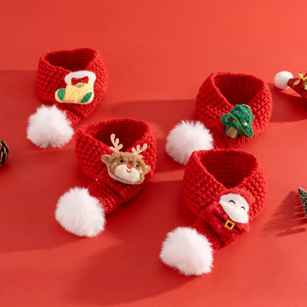 Bufanda para perros de otoño e invierno para mascotas, conjunto de Navidad con bolas de piel, gorros para gatos, bufanda, decoración de hilo de punto para perros pequeños y medianos - imagen 2