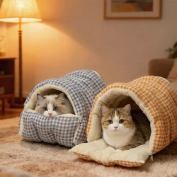 Cama cálida de invierno para gatos, saco de dormir grande de invierno adecuado para gatos adultos o 2 gatitos, cama cerrada multiusos extraíble con funda