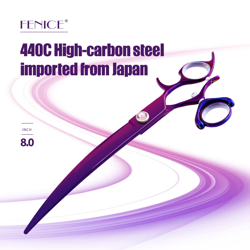 Fenice-Tijeras profesionales para perros JP440C, 8 pulgadas, mango giratorio de 360 grados, giratorias, color morado, rectas, curvadas, para aseo de mascotas - imagen 3