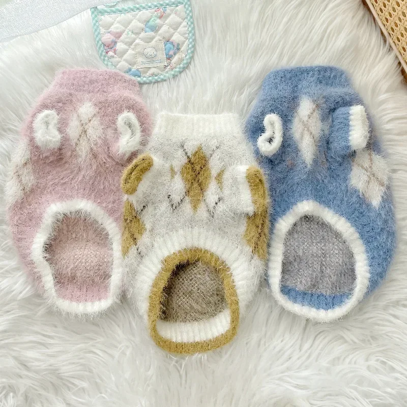 Suéter de felpa para mascotas, suéter a cuadros con diamantes para mascotas, ropa para perros pequeños, abrigo para perros de otoño e invierno, ropa para perros pequeños - imagen 2