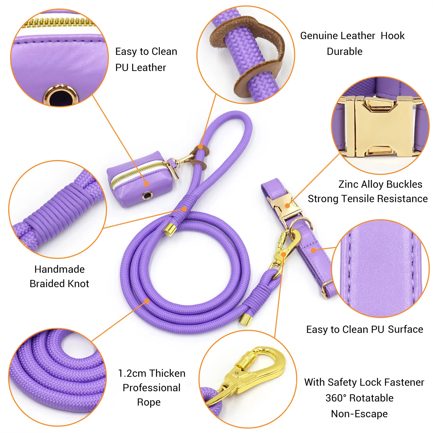 Collar de perro de cuero personalizado naranja, Collar y correa para perro grabados gratis, conjunto con soporte para bolsa de caca, Collar para mascotas con cuerda para Bulldogs - imagen 4