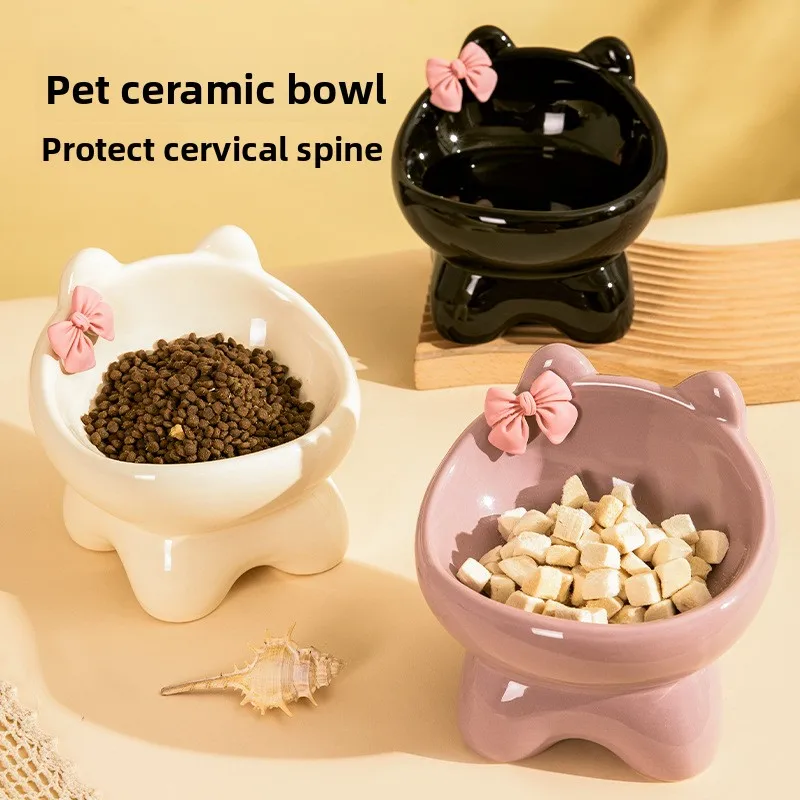 Cuenco para gatos, lavabo de comida para perros y gatos, cuenco oblicuo creativo bonito de cerámica para mascotas pequeñas y medianas, comida, arroz, agua potable, cuello, pie alto - imagen 2