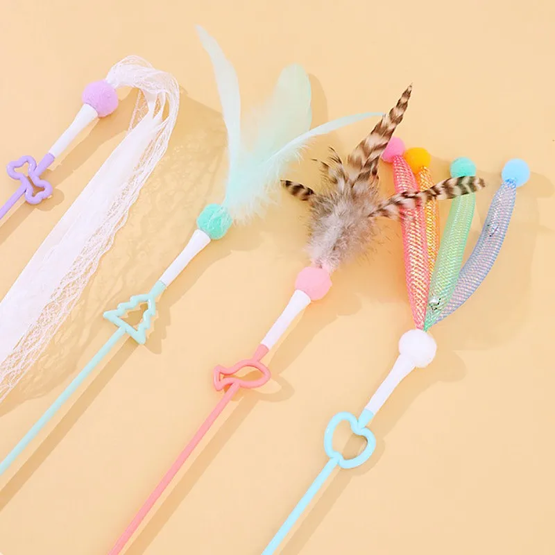 Juguete para gatos con plumas, palo interactivo para gatos, cinta de juguete con borlas, juguetes para gatos con campana, mango largo, palos de plumas para gatitos