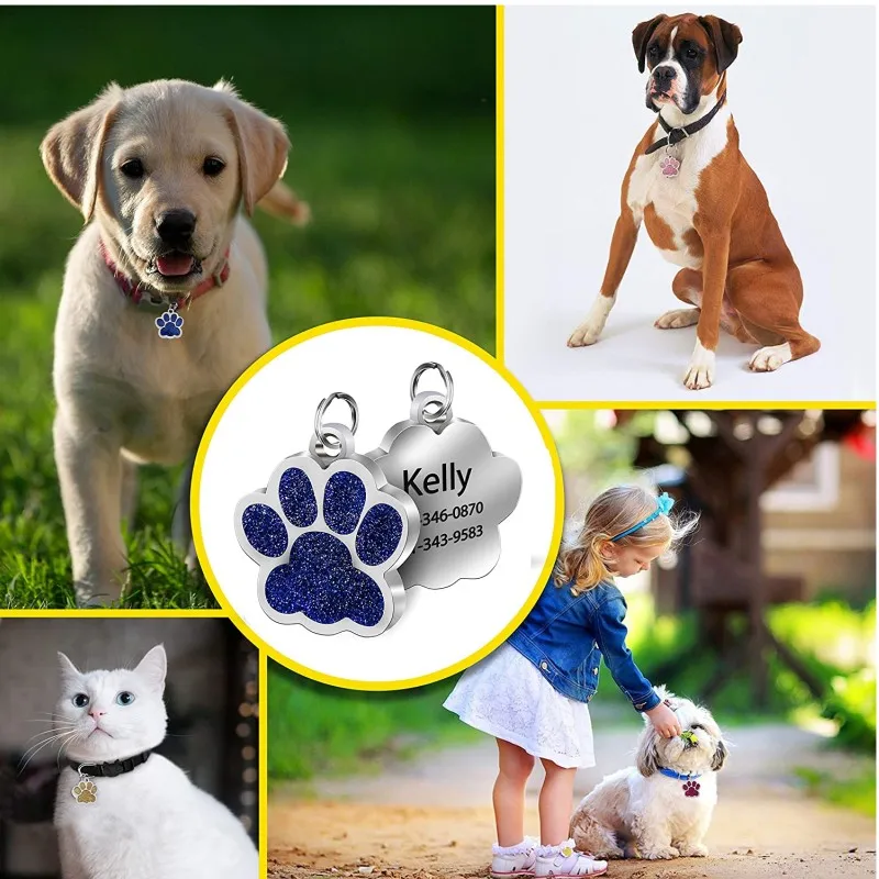 Bolsas personalizadas para perros y gatos, Collar con nombre grabado para cachorros y mascotas, colgante con purpurina de pata de acero inoxidable, accesorios para perros y mascotas - imagen 3