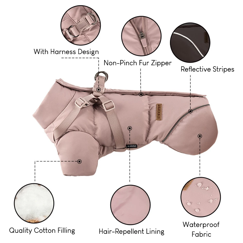 Chaqueta de invierno para perros con arnés, ropa gruesa impermeable y cálida para exteriores para perros pequeños, abrigo acolchado suave para perros, abrigo para mascotas de nieve - imagen 3