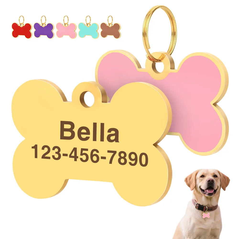Etiqueta de identificación personalizada para perros y gatos, placa con nombre para perros grabada, forma de corazón de hueso, etiquetas antipérdida para mascotas, colgante, accesorios DIY