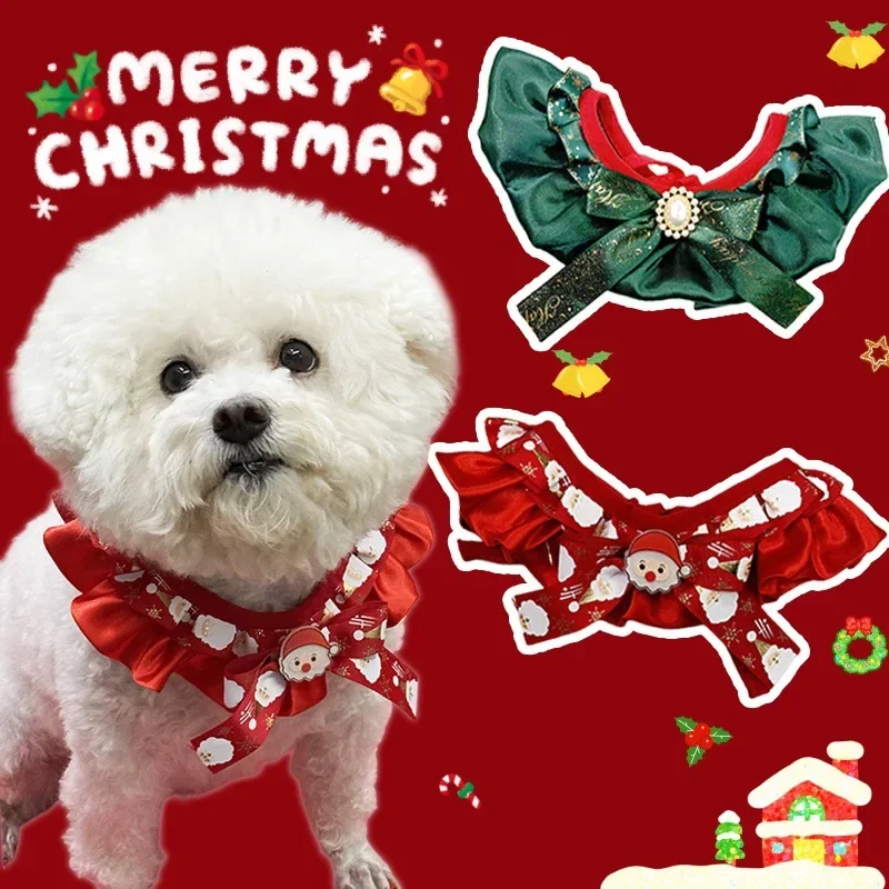 Decoración navideña de cuello festivo para mascotas de Papá Noel con lazo con volantes y accesorio estampado de muñeco de nieve para vacaciones de perros pequeños y gatos - imagen 2