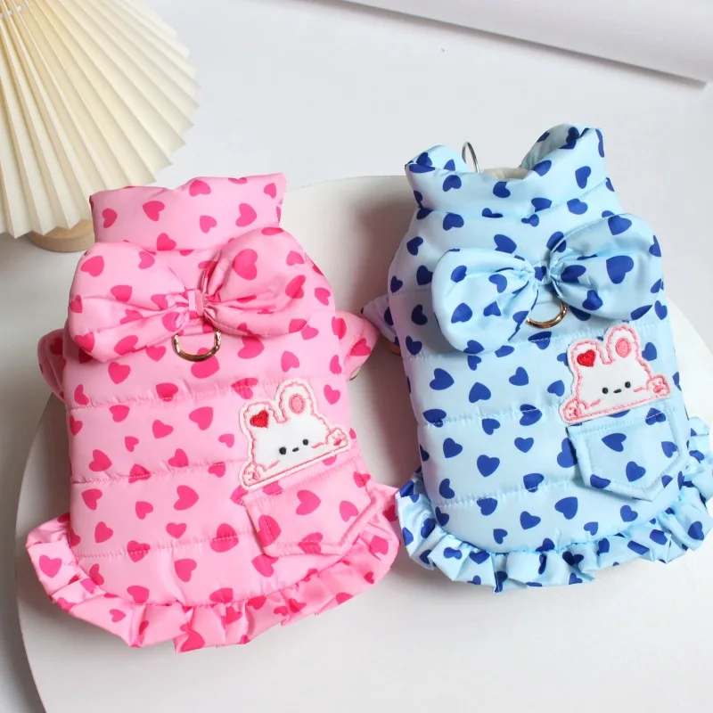 Abrigo con lazo de amor para mascotas, ropa de invierno de tracción para perros pequeños y gatos de peluche, falda gruesa de princesa, ropa para perros y cachorros, Otoño/Invierno - imagen 3