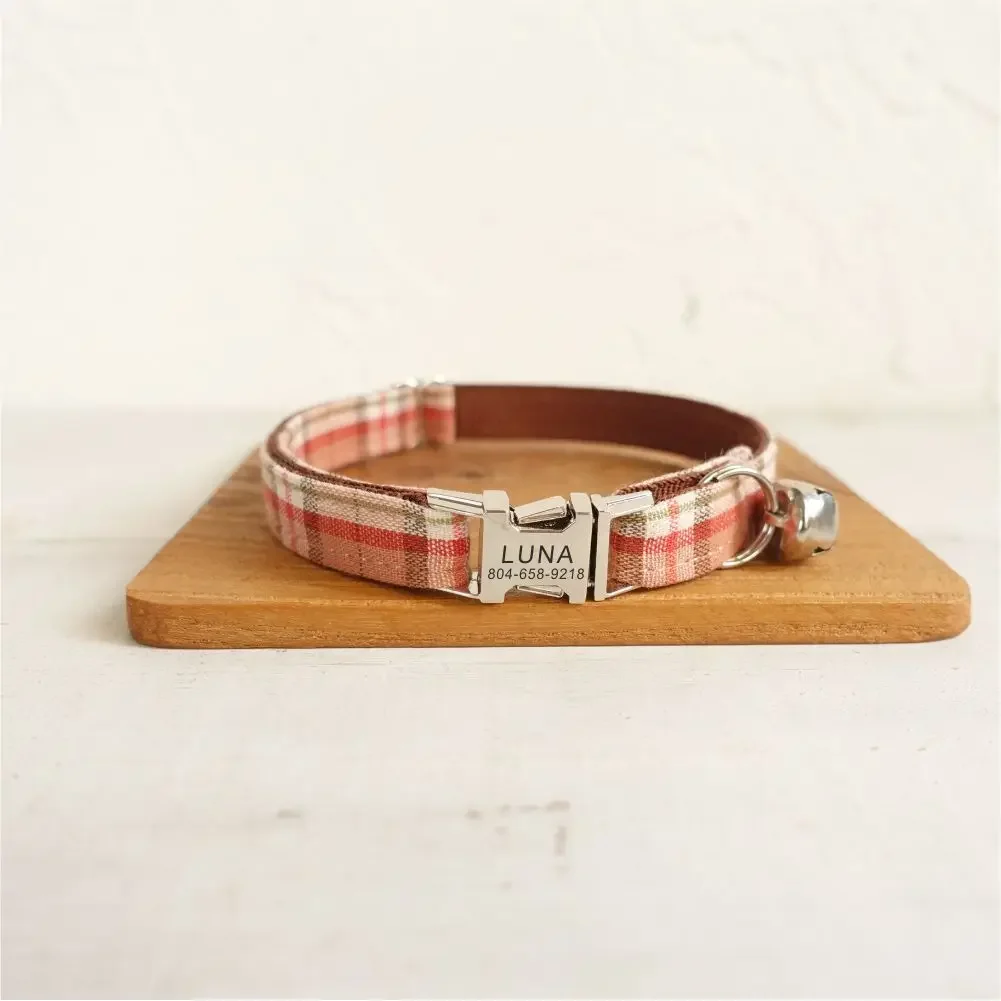 Collar de gato personalizado con grabado gratuito, correa para mascotas a juego, hebilla de Metal de contactos personalizados, Collar pequeño para mascotas a cuadros rojos