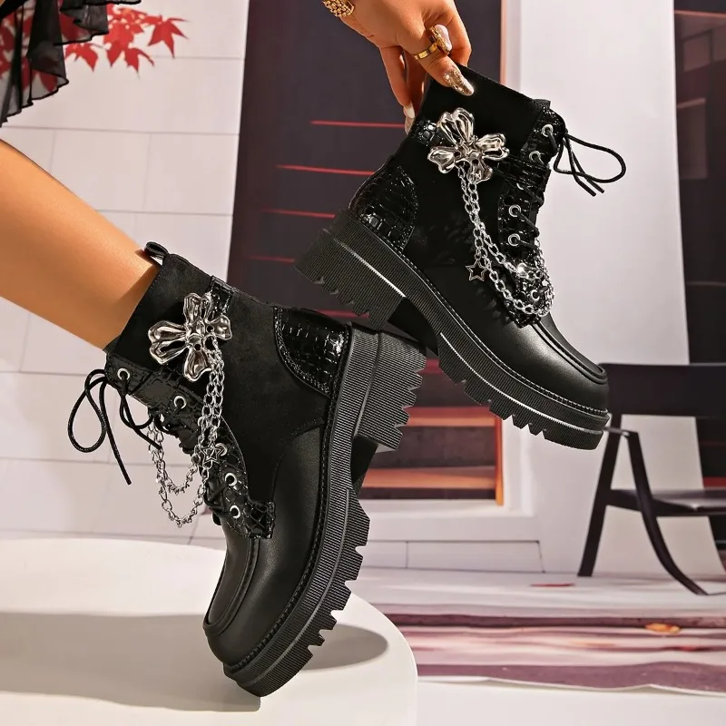 Y2K-Botines de plataforma con decoración de Metal para Mujer, zapatos góticos Punk negros con cremallera lateral, tacones gruesos, Botas cortas para Mujer - imagen 4
