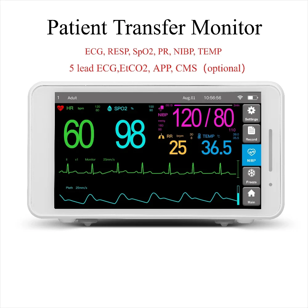 Monitor de transferencia de pacientes con pantalla táctil a Color de 5,5 ", 6 parámetros, ECG RESP SpO2 NIBP TEMP, Software de monitoreo de signos vitales, aplicación Me2