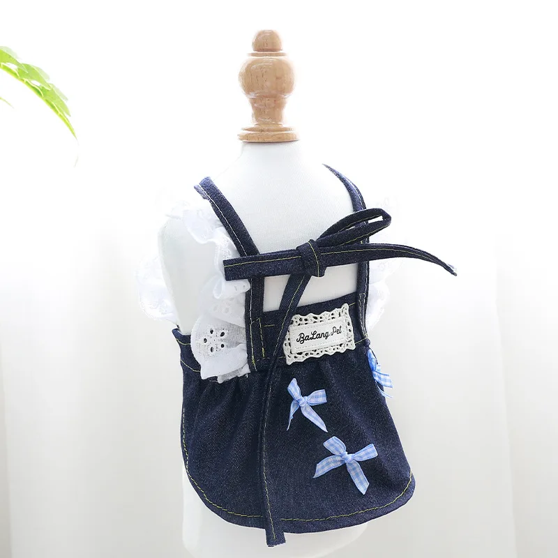 Vestido de vaquero de verano para mascotas, falda vaquera, falda con lazo, Top de dos piernas para perros, camiseta sin mangas de peluche para gatos, ropa para perros pequeños, camisa para cachorros