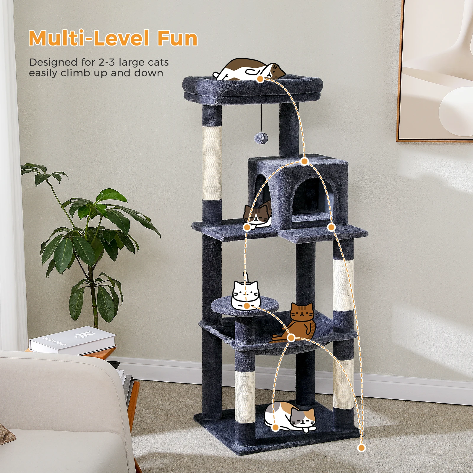 Árbol para gatos para gatos de interior, torre para gatos de varios niveles con hamaca súper grande, postes para rascar cubiertos de Sisal, Condo acogedor y perca superior - imagen 2