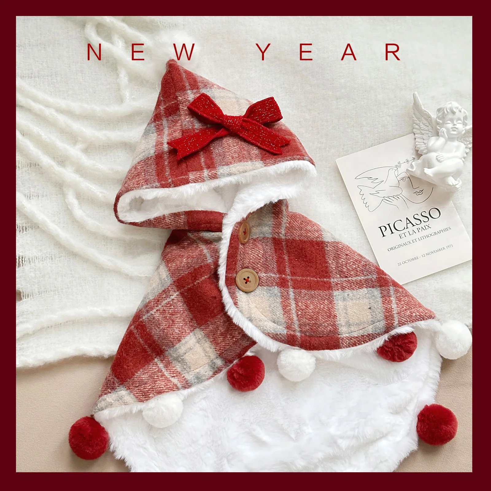 Capa a cuadros de Navidad para mascotas, ropa de Año Nuevo para mascotas, abrigo de otoño e invierno, capa de peluche con ropa de cachorro de peluche - imagen 4