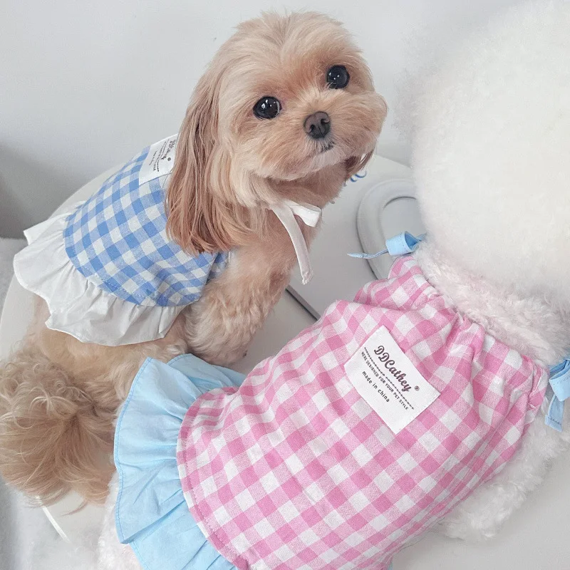 Camiseta sin mangas a cuadros con cordón para mascotas, bonito vestido a cuadros refrescante, Top de encaje con lazo de peluche, vestidos para perros pequeños y cachorros - imagen 2